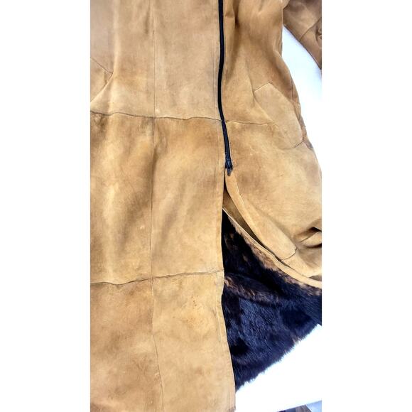 Vintage Jekel Paris Suede Leather Coat Full Real Fur Lining Long Boho Thrashed - Picture 8 of 16
